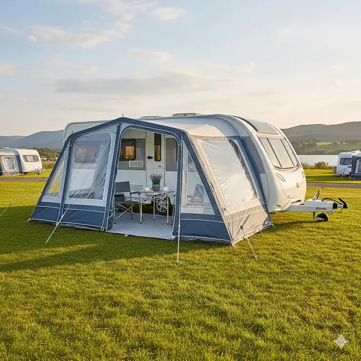 A lightweight porch awning attached to a single-axle touring caravan on a grass pitch in the UK. lightweight porch awning for touring caravans