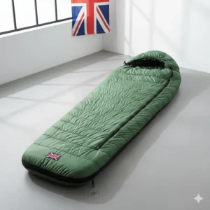 Full-length view of a green synthetic camping sleeping bag featuring a contoured hood and two-way zip for ventilation.