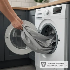 Illustration of a mummy-shaped sleeping bag liner being placed in a domestic washing machine.