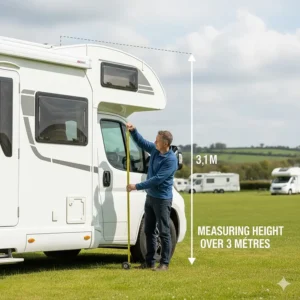 A person using a yellow measuring tape to check the height from the ground to the awning rail on a tall coachbuilt motorhome.