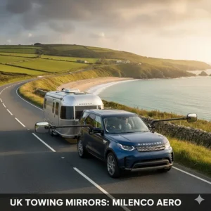 A pair of high-quality Milenco Aero towing mirrors attached to the wing mirrors of a modern SUV, a popular choice for UK caravan owners.