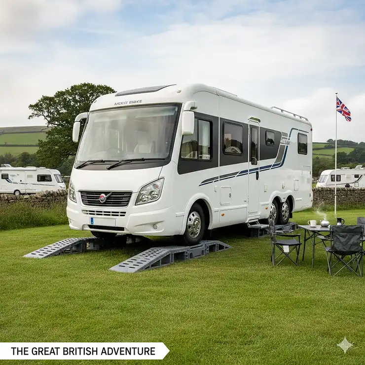 A large coachbuilt motorhome parked on heavy-duty levelling ramps at a grassy UK campsite to ensure a flat living space. motorhome levelling ramps for heavy coachbuilts