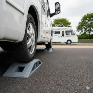 Heavy-duty levelling ramps positioned under the front wheels of a coachbuilt motorhome on a hardstanding tarmac pitch.