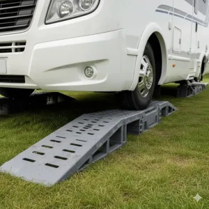 Triple-level motorhome ramps designed to support the wide tyres of a large coachbuilt vehicle.