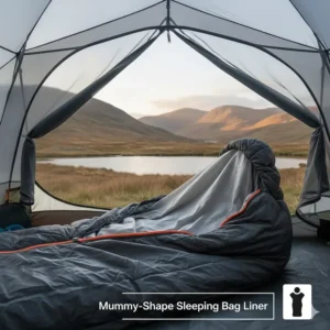 A mummy-shaped camping sleeping bag liner designed to fit inside a technical mountain sleeping bag.