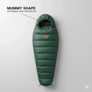Overhead view of a tapered mummy-shaped down camping sleeping bag designed to maximise thermal efficiency.