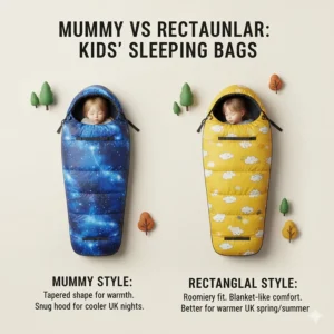 A photorealistic view of a child’s sleeping bag layout inside a tent, highlighting the comfortable rectangular shape and soft lining.
