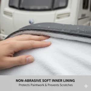 Close-up showing the non-abrasive soft inner layer that protects caravan paintwork from scratches.