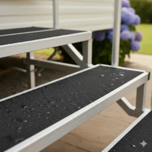 High-grip rubberised non-slip treads on wide aluminium steps to prevent slips in wet British weather.