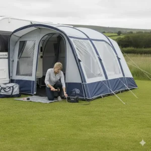 A person using a mallet to secure the storm straps and pegs of an inflatable awning in the grass.