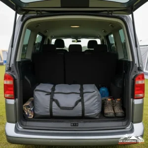 The drive away awning packed down into its carry bag inside a VW T6 campervan boot.