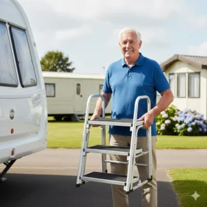 Person easily lifting a lightweight aluminium step unit to demonstrate its portability for elderly users.