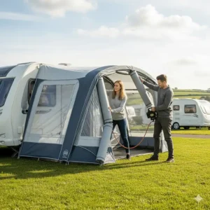 Illustration of a fast-pitch air frame system for a caravan porch awning for quick setup.