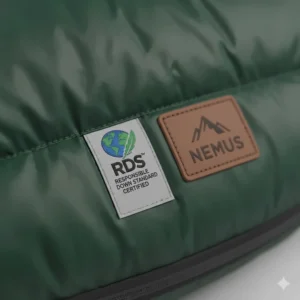 Illustration of the Responsible Down Standard RDS certification logo on an ethically sourced camping sleeping bag.