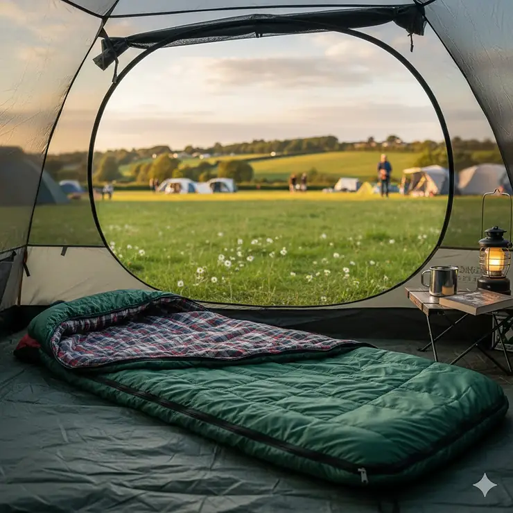 A spacious rectangular camping sleeping bag laid out inside a tent at a British summer campsite. rectangular camping sleeping bag