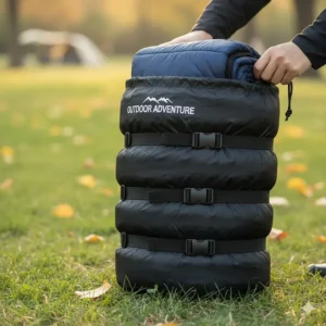 A navy blue rectangular camping sleeping bag being packed into a compact compression stuff sack.
