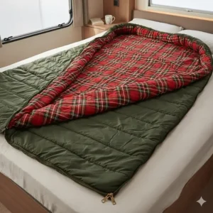 A rectangular camping sleeping bag fully unzipped to be used as a flat duvet or quilt for caravanning.