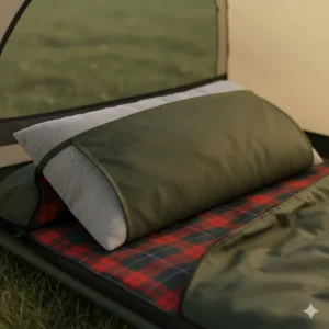 Detail shot of a rectangular camping sleeping bag featuring an integrated sleeve to hold a pillow in place.