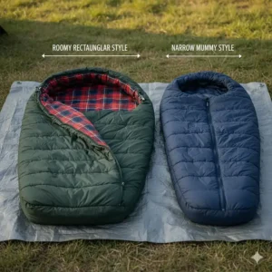 Illustration showing the generous width of a rectangular camping sleeping bag compared to a mummy style.