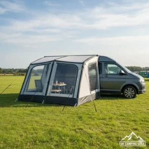 Side profile of a modern grey drive away awning fitted to a Transporter T6 camper.