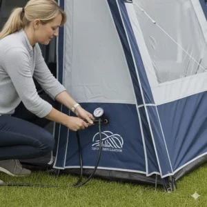 A hand attaching a manual pump to a single-point inflation valve on a modern air awning.