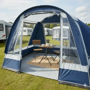Top-down view of the floor space inside a compact porch awning with a bistro set layout.