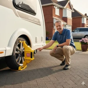 A Sold Secure Gold approved wheel clamp fitted to a Bailey caravan to provide high-level security against theft.