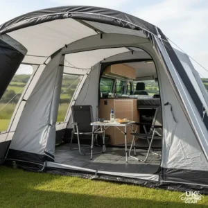Interior view of a spacious drive away awning for a VW T6 featuring a living area and groundsheet.
