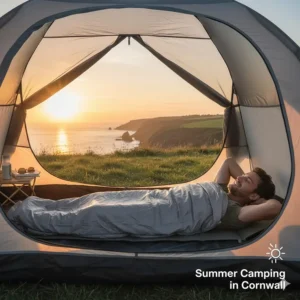 A camper using only a sleeping bag liner as a lightweight sheet during a warm summer night in Cornwall.