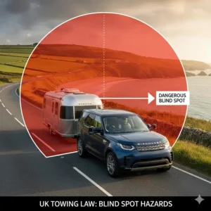 A bird's-eye view diagram of a large SUV and trailer, highlighting the dangerous blind spots that occur without legal towing mirror extensions.