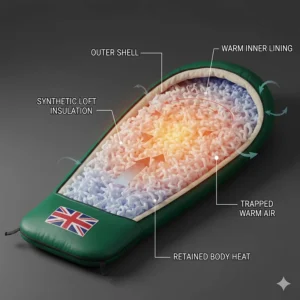 A diagram showing how the synthetic fill in a camping sleeping bag traps air to provide warmth during cold UK nights.