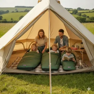 A family-sized tent interior featuring a durable synthetic camping sleeping bag suitable for British summer holidays.