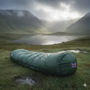 A synthetic camping sleeping bag maintaining its loft and warmth despite damp conditions on a misty morning in the Lake District.