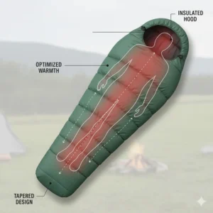 An illustration showing the tapered design of a mummy camping sleeping bag to help retain body heat.