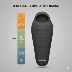Temperature rating chart for a 3-season down camping sleeping bag suitable for UK spring, summer, and autumn.