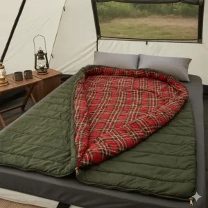 Two rectangular camping sleeping bags zipped together to create a large double bed for couples.