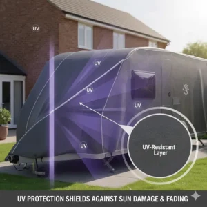 Graphic showing UV-resistant layers preventing sun damage to the caravan body during storage.