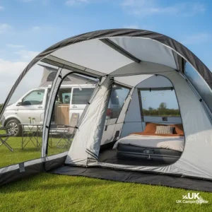 Inside a drive away awning for a VW T6 showing an optional 2-berth inner tent for extra sleeping space.