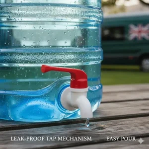 Close-up of the integrated leak-proof tap on the 40 litre water container for easy pouring and water management.