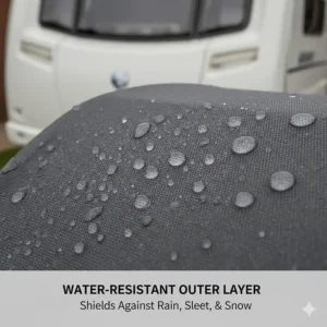 Illustration of rainwater beading off the heavy-duty outer layer of a winter caravan cover.