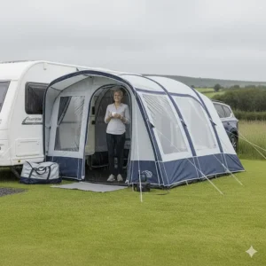 An easy-to-pitch inflatable awning standing sturdy against rain and wind on a typical UK campsite.