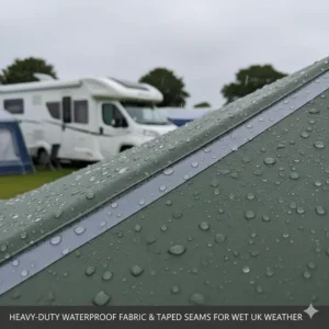 Detailed view of raindrops beading on heavy-duty waterproof awning fabric with high-quality taped seams, designed for the British weather.