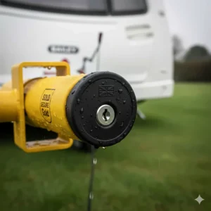 A Sold Secure Gold wheel clamp with a protective keyhole cover to prevent rusting in wet UK weather.