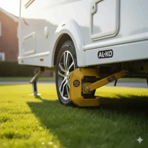 A robust wheel clamp compatible with the Al-Ko chassis commonly found on British Bailey caravans.