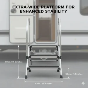 Technical drawing showing the extra-wide platform design for a safer, more stable footing for the elderly.