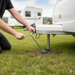 A person using a manual metal leg winder brace to lower a caravan corner steady on a green grassy pitch.