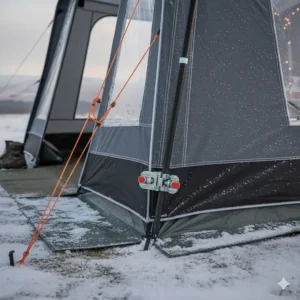 Close-up of reinforced steel poles and double-locking clamps on a winter caravan awning for stability against high winds.