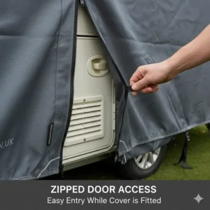 Illustration of the heavy-duty zips allowing easy access to the caravan door while the cover is fitted.