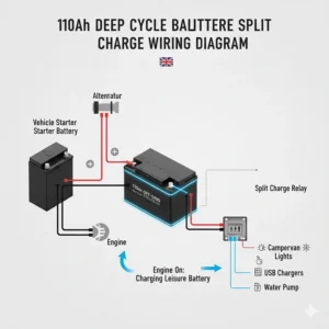 A wiring diagram illustrating how to connect a 110Ah leisure battery to a split charge relay system in a UK motorhome.