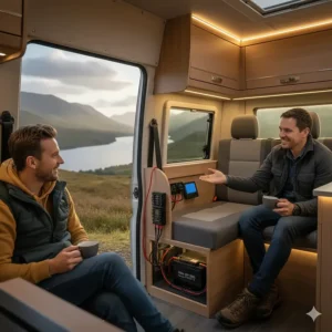 A 110Ah leisure battery installed in a VW Transporter camper conversion, popular for UK wild camping enthusiasts.